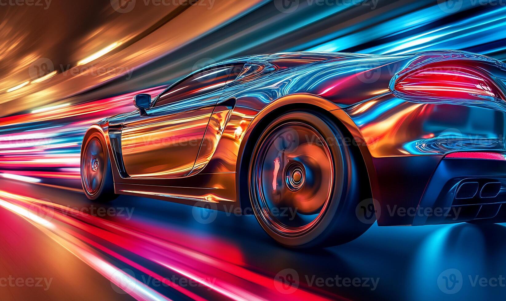 A sleek car in motion with vibrant light trails creating a dynamic effect. photo