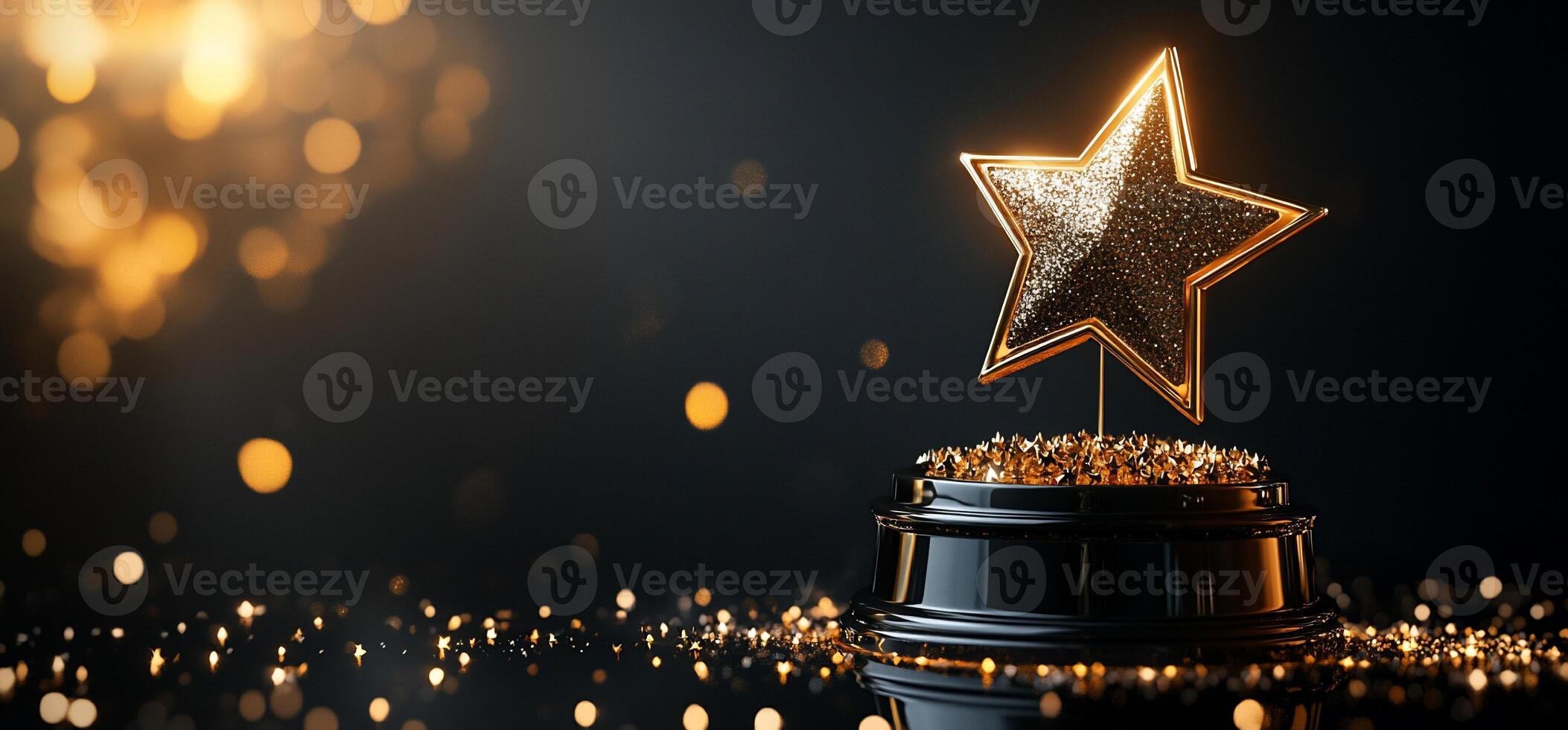 A glittering star trophy on a pedestal against a dark, sparkly background. photo