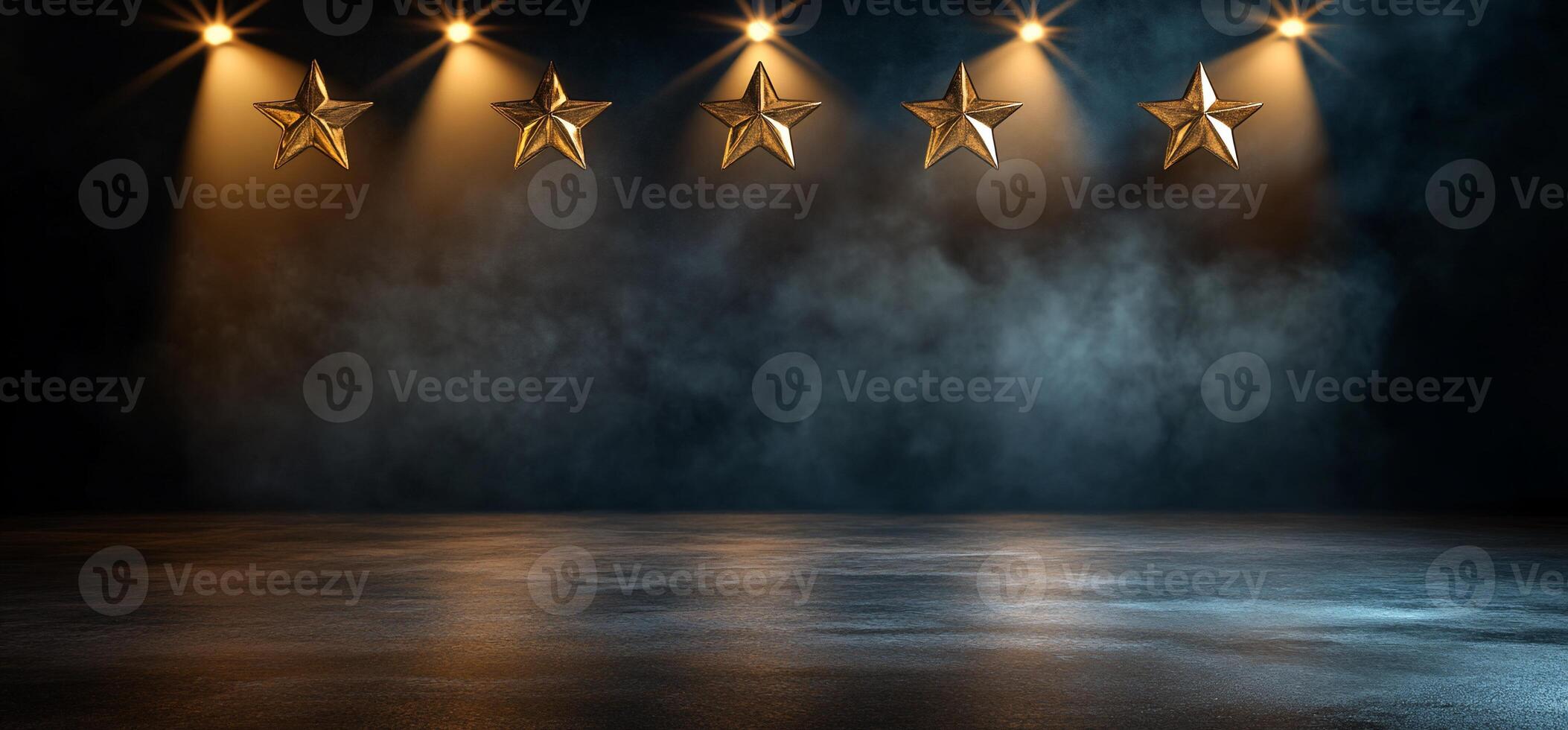 A spotlighted stage with five golden stars, creating a dramatic ambiance. photo