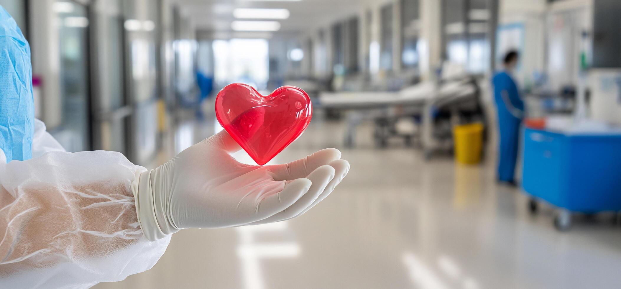 A gloved hand holds a red heart symbol in a hospital setting. photo