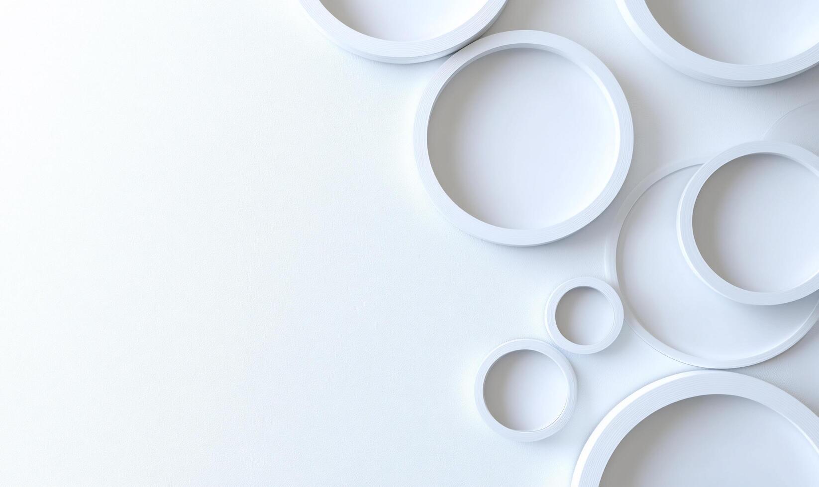 A minimalist arrangement of white circular shapes on a light background. photo