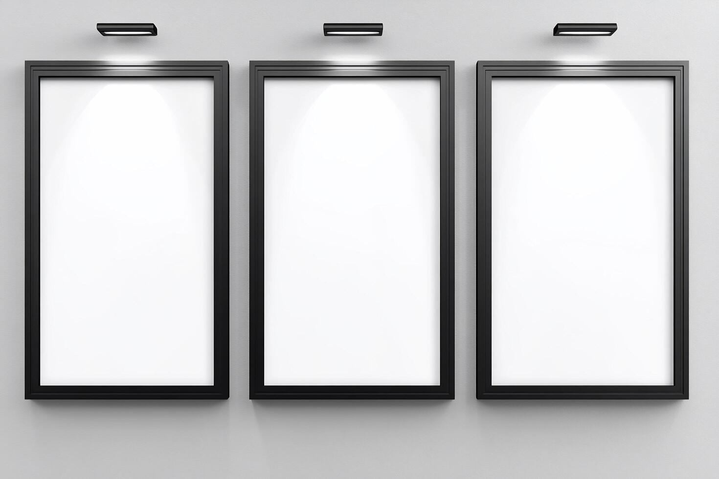Three empty black frames on a wall, ready for artwork or photos. photo