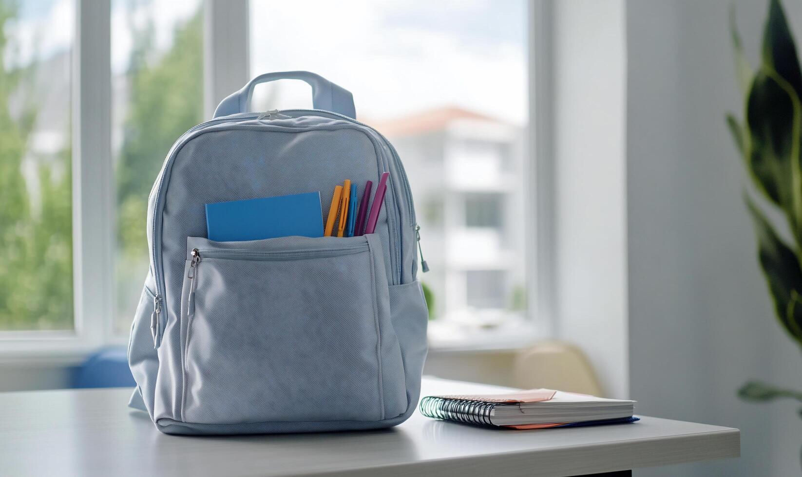 A light blue backpack with stationery on a table in a bright room. photo