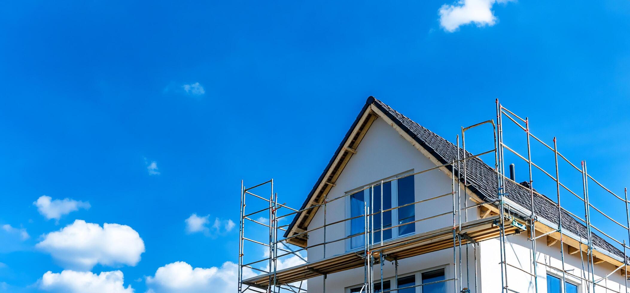 A house under construction with scaffolding against a blue sky. photo