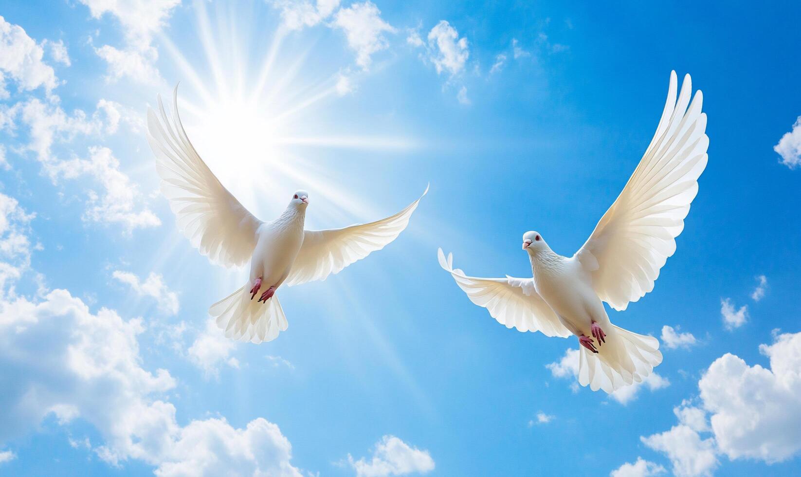 Two white doves flying against a bright blue sky with sunlight. photo