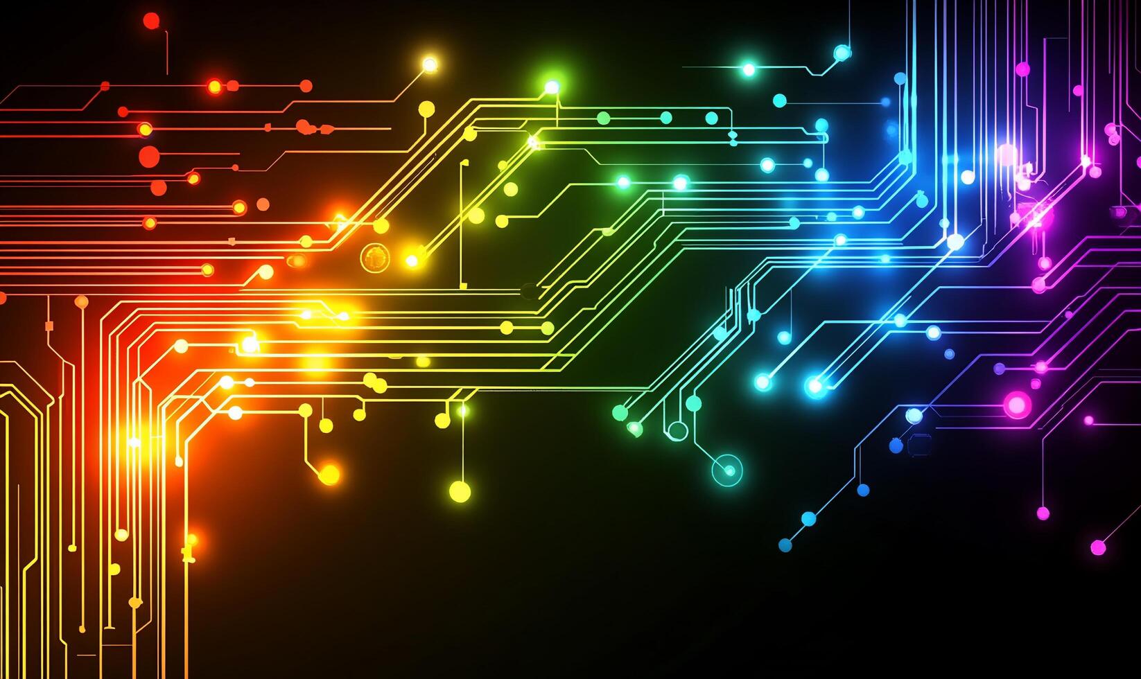 Colorful circuit board design with vibrant neon lines and nodes. photo