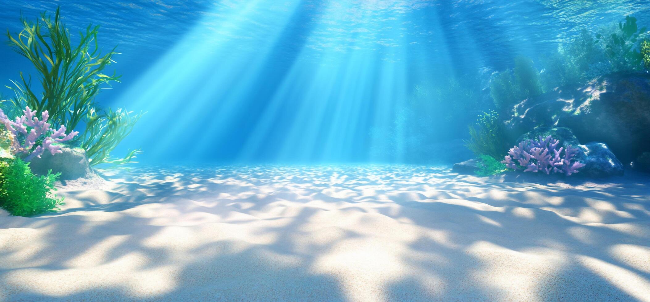 Underwater scene with sunlight rays illuminating sandy ocean floor. photo