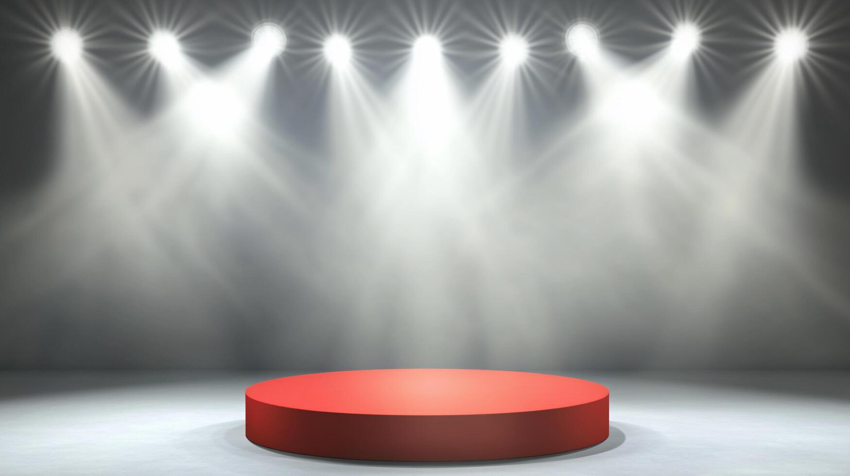 A red circular stage illuminated by bright spotlights. photo