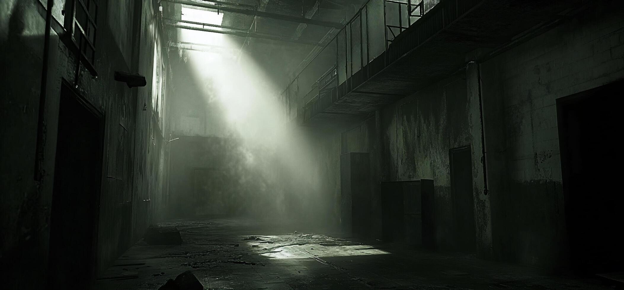A dimly lit industrial space with beams of light and shadows. photo