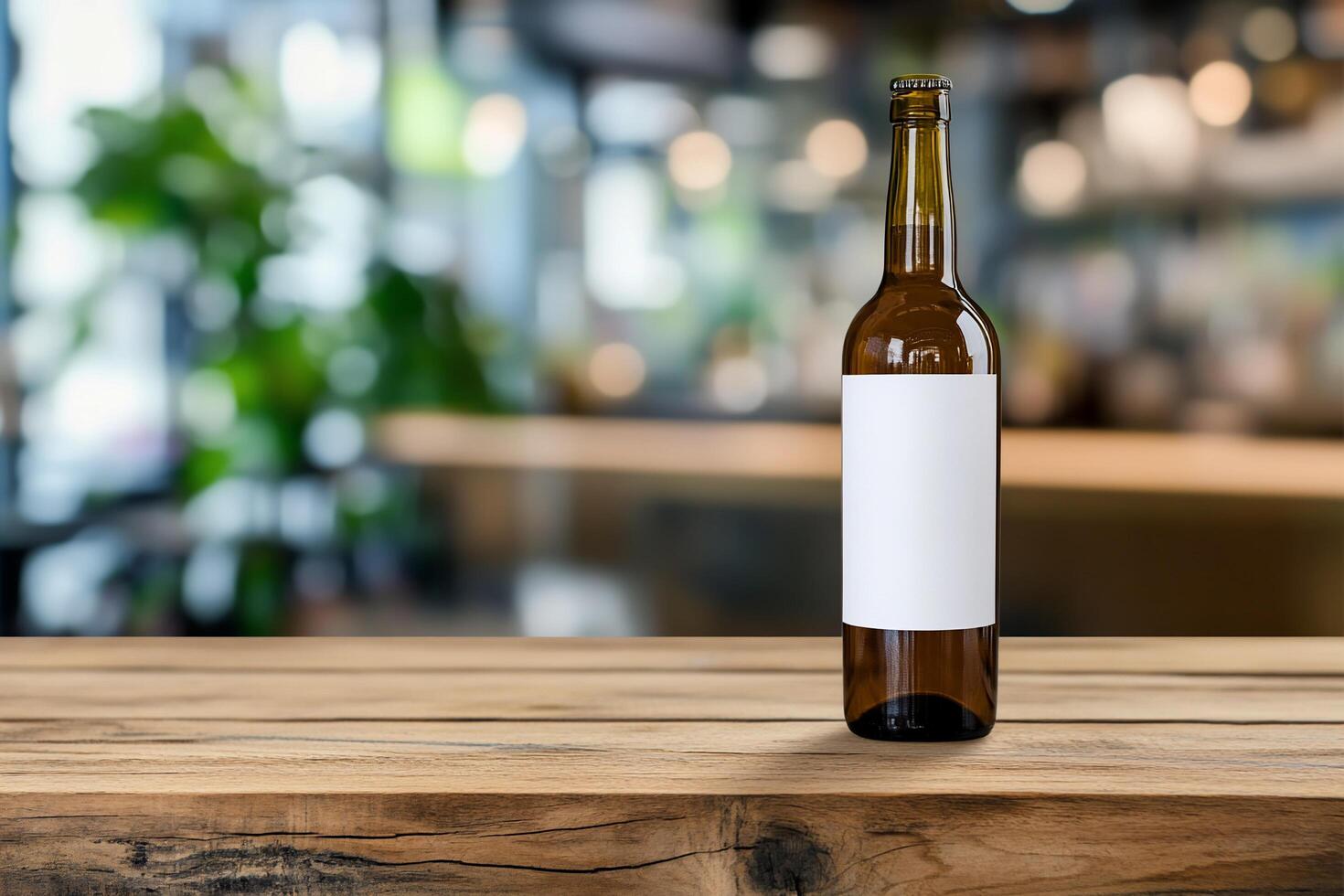 A blank wine bottle on a wooden table in a blurred bar setting. photo