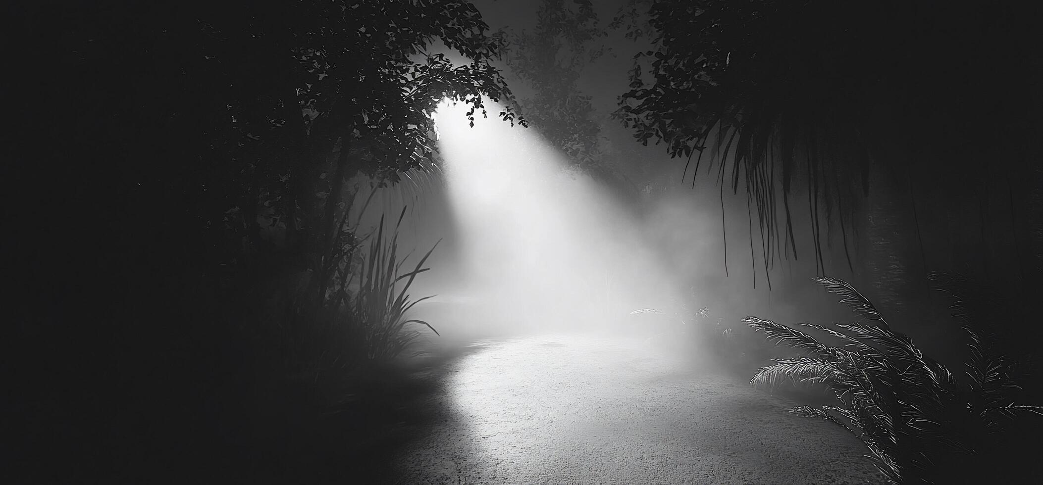 A misty path illuminated by a beam of light through dense foliage. photo