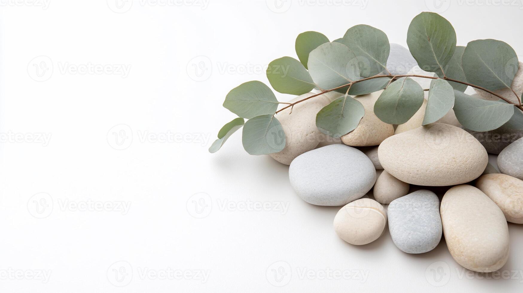 Eucalyptus leaves and stones on white background photo