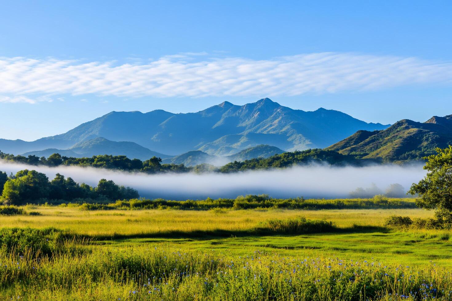 Serene landscape featuring mountains and misty fields under a clear sky. photo