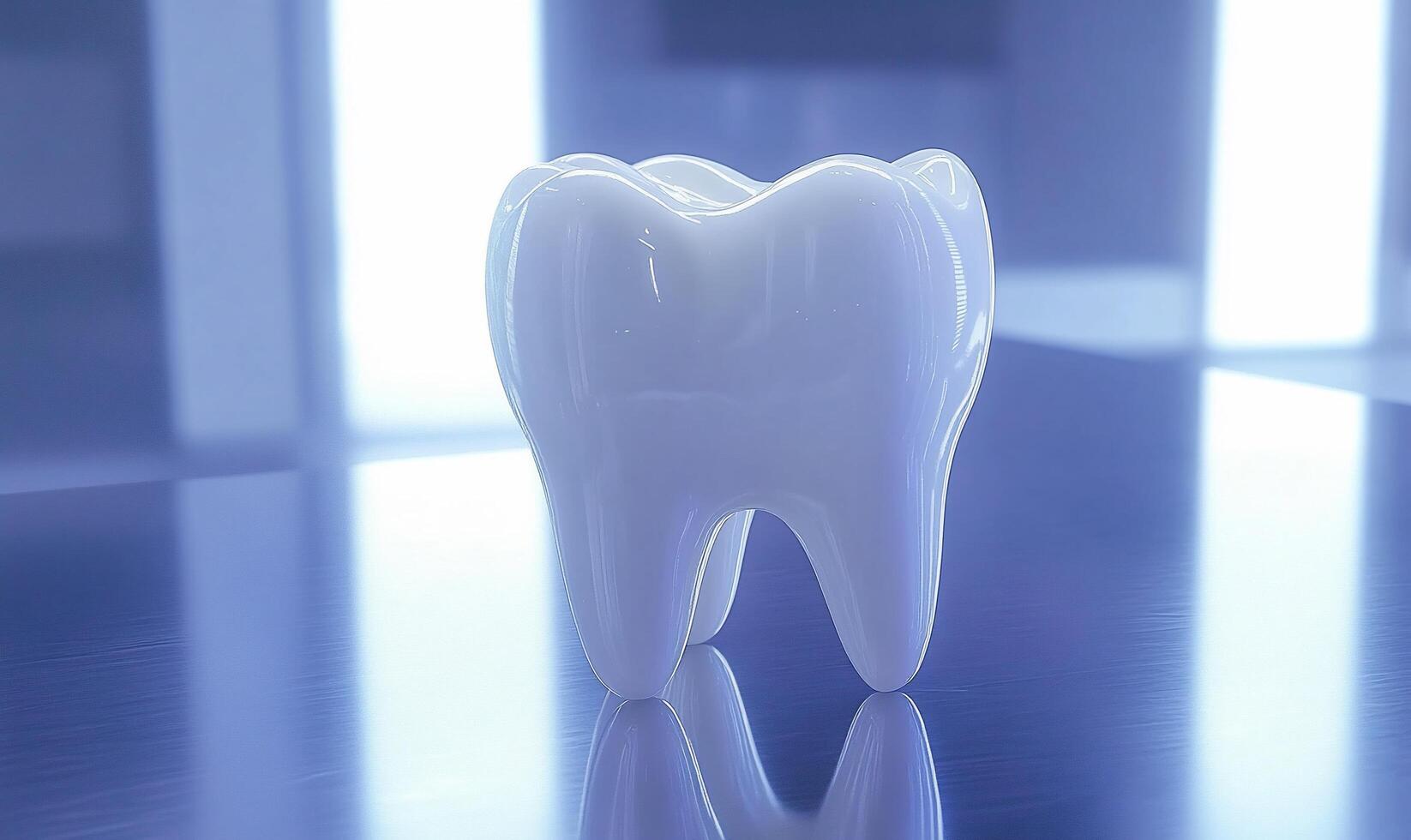 A glossy, stylized tooth model on a reflective surface. photo