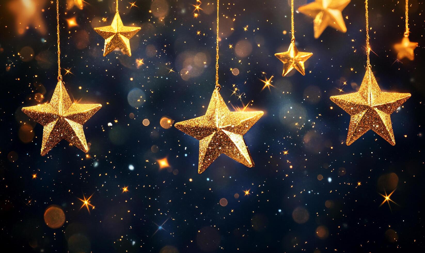 A festive scene featuring hanging golden stars against a dark background. photo
