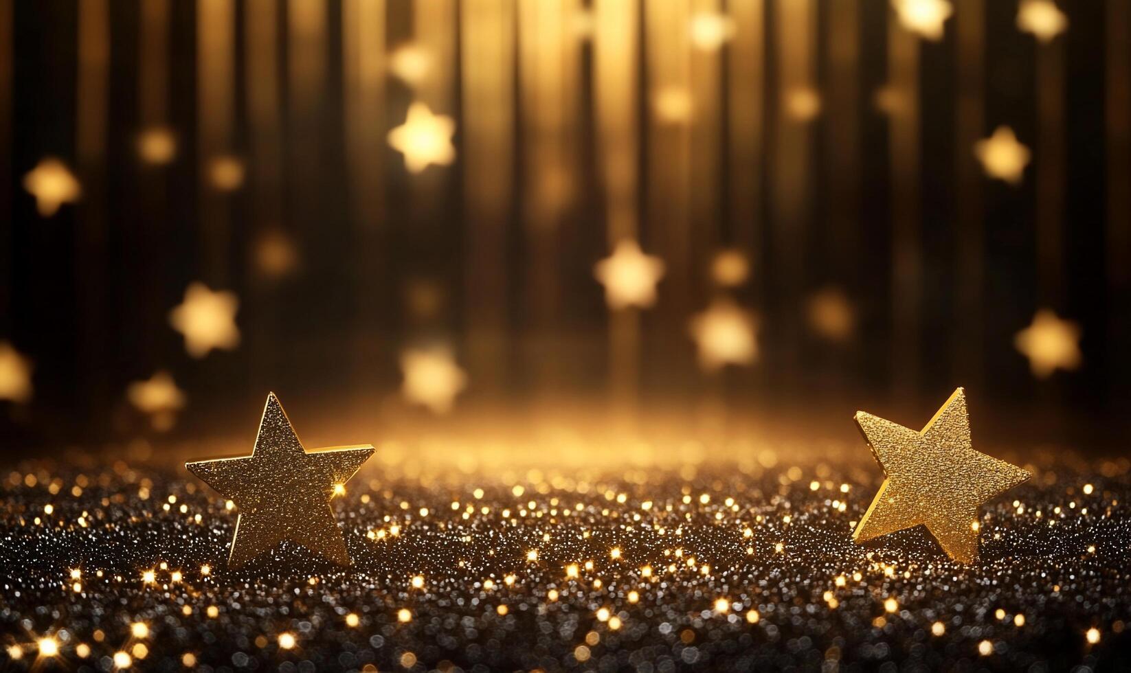 A festive scene with golden stars and sparkling background. photo