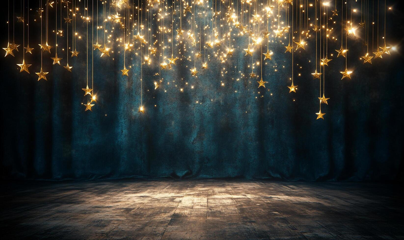 A dreamy stage with hanging stars and soft lighting for events. photo