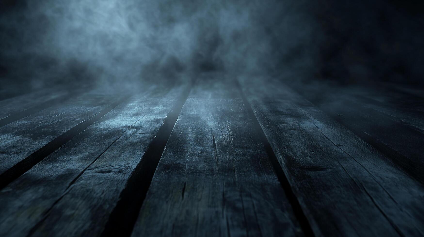 A dark, misty wooden floor creates a moody atmosphere. photo