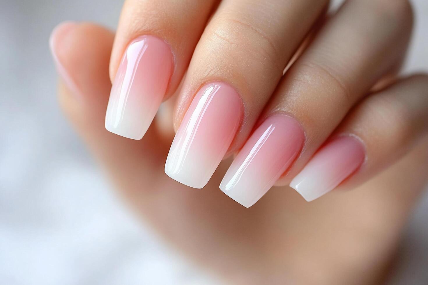 Elegant ombre nail design featuring a gradient from pink to white. photo