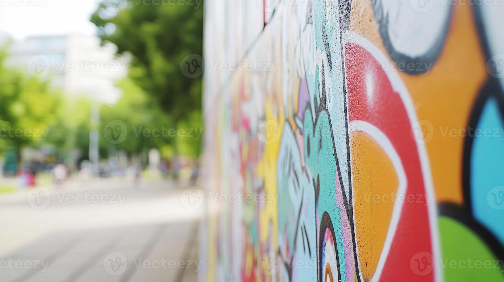Colorful graffiti on a wall near a pathway in a vibrant urban setting. photo