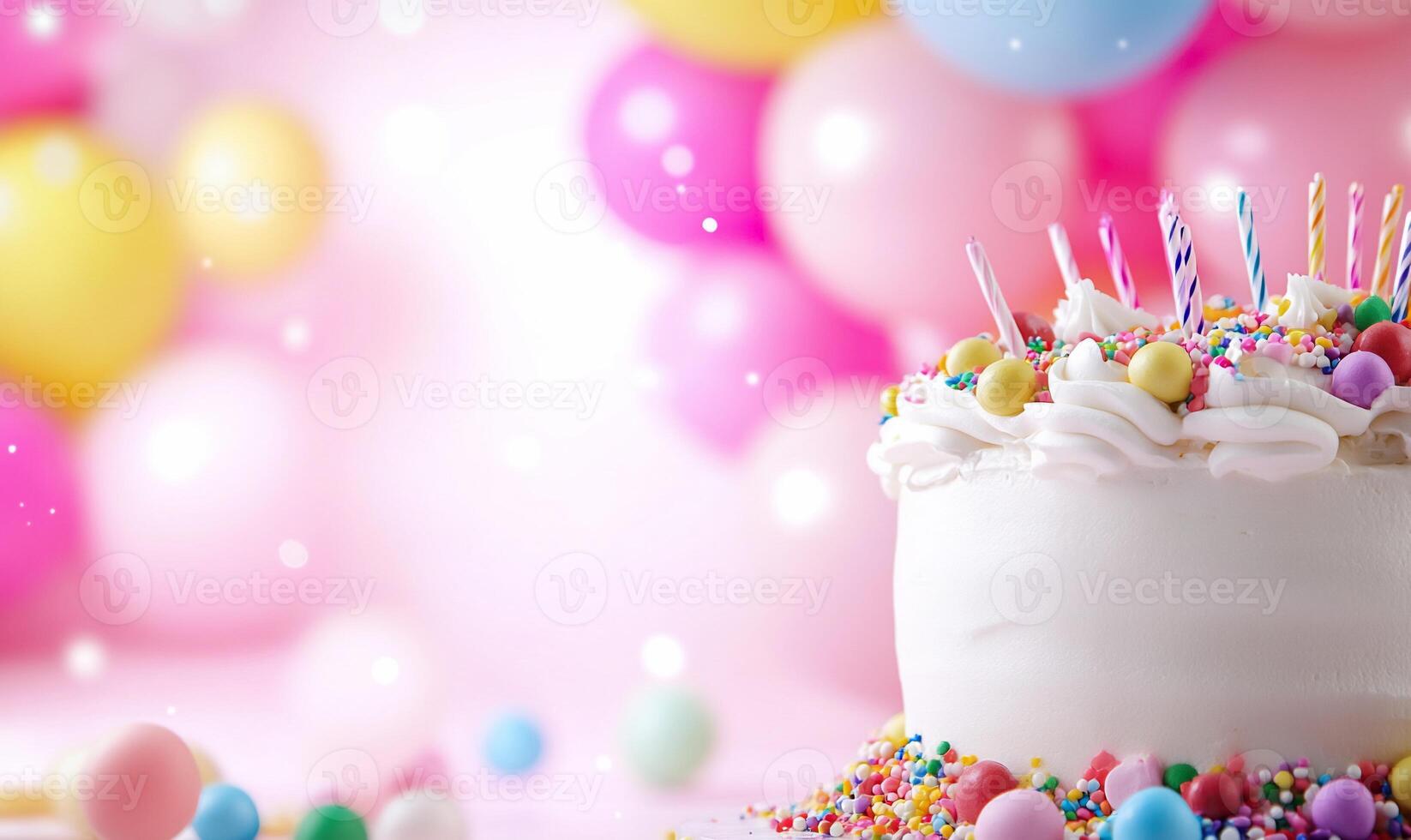 A festive cake surrounded by colorful balloons and sprinkles. photo