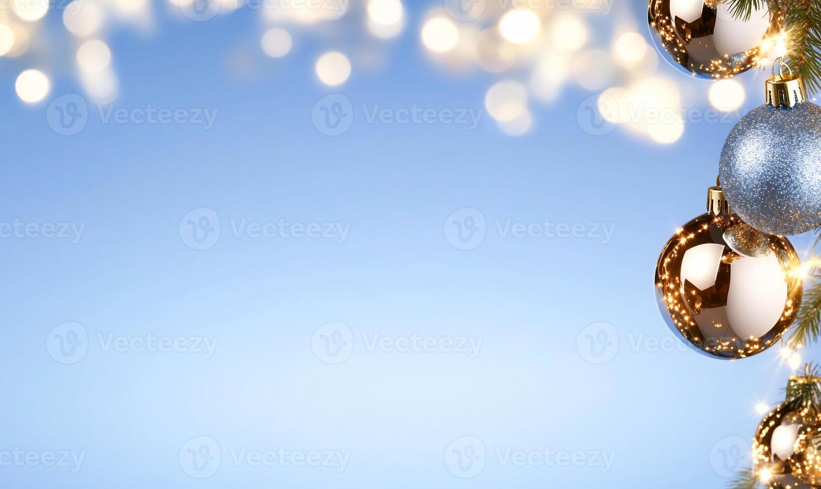 Festive holiday background with ornaments and soft bokeh lights. photo