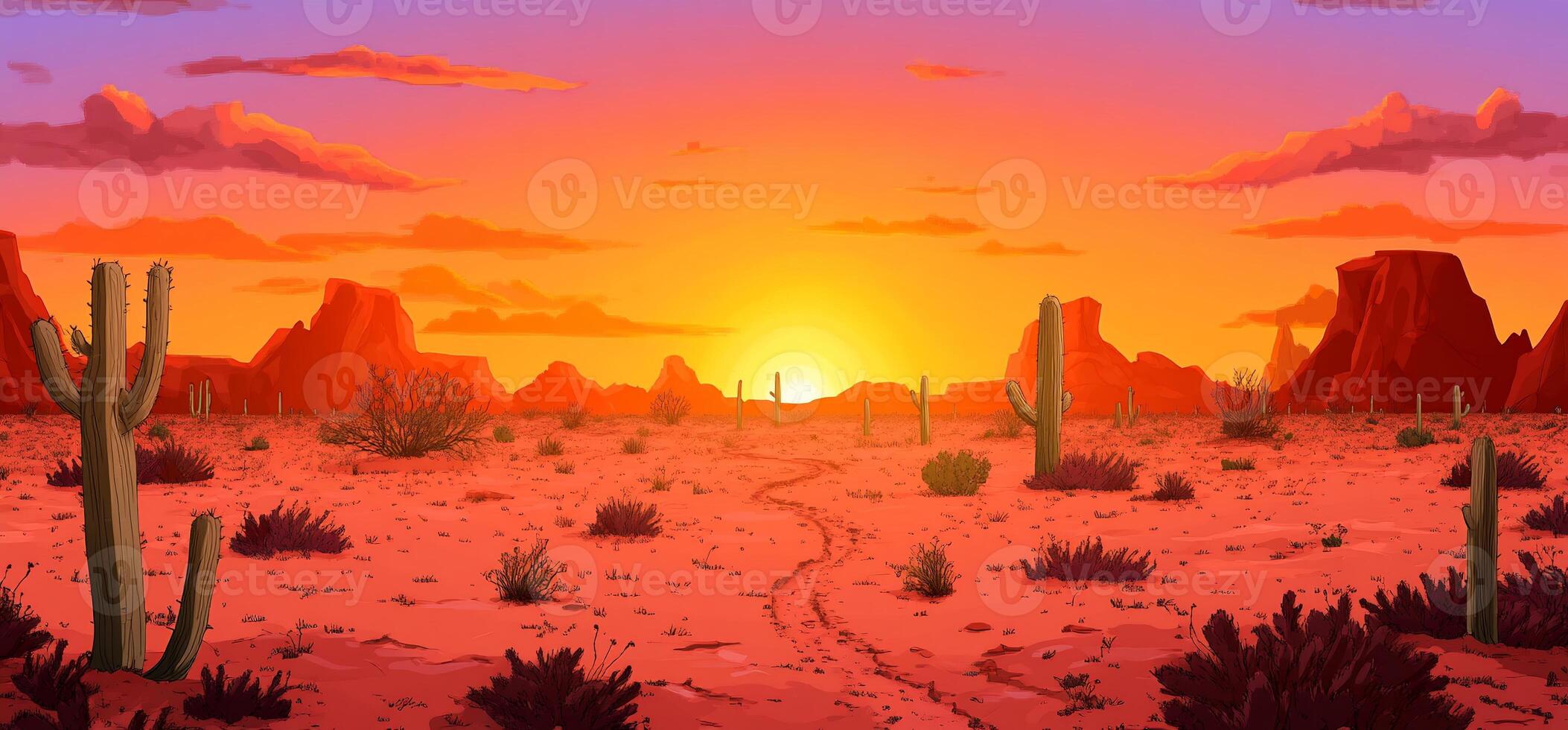 A vibrant desert landscape at sunset with cacti and rocky formations. photo