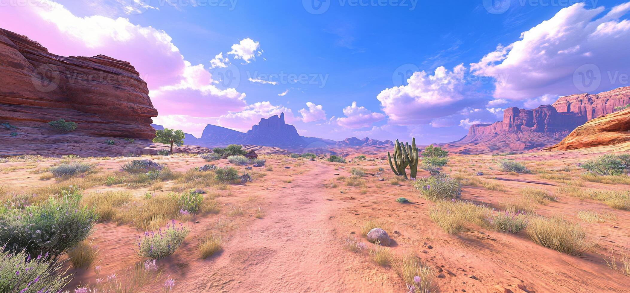 A serene desert landscape with vibrant skies and distant mountains. photo