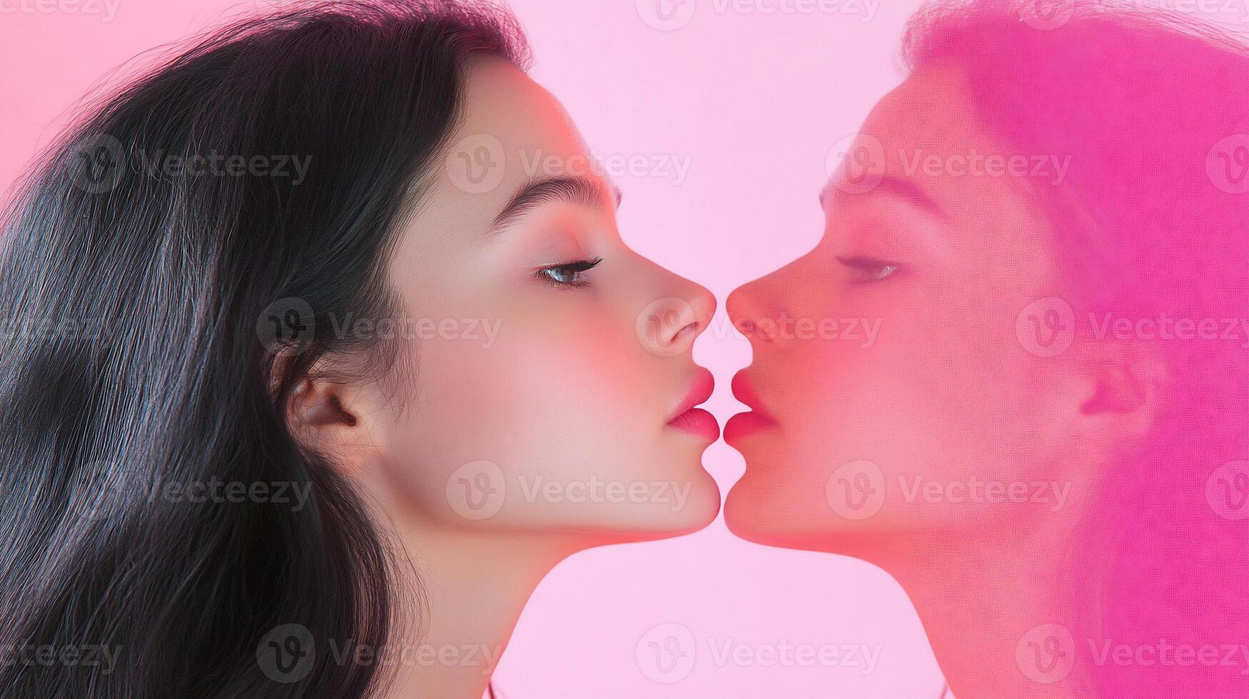 Two profiles facing each other with a pink background. photo