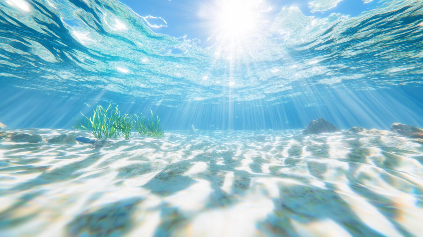 Underwater scene with sunlight filtering through water and sea grass. photo