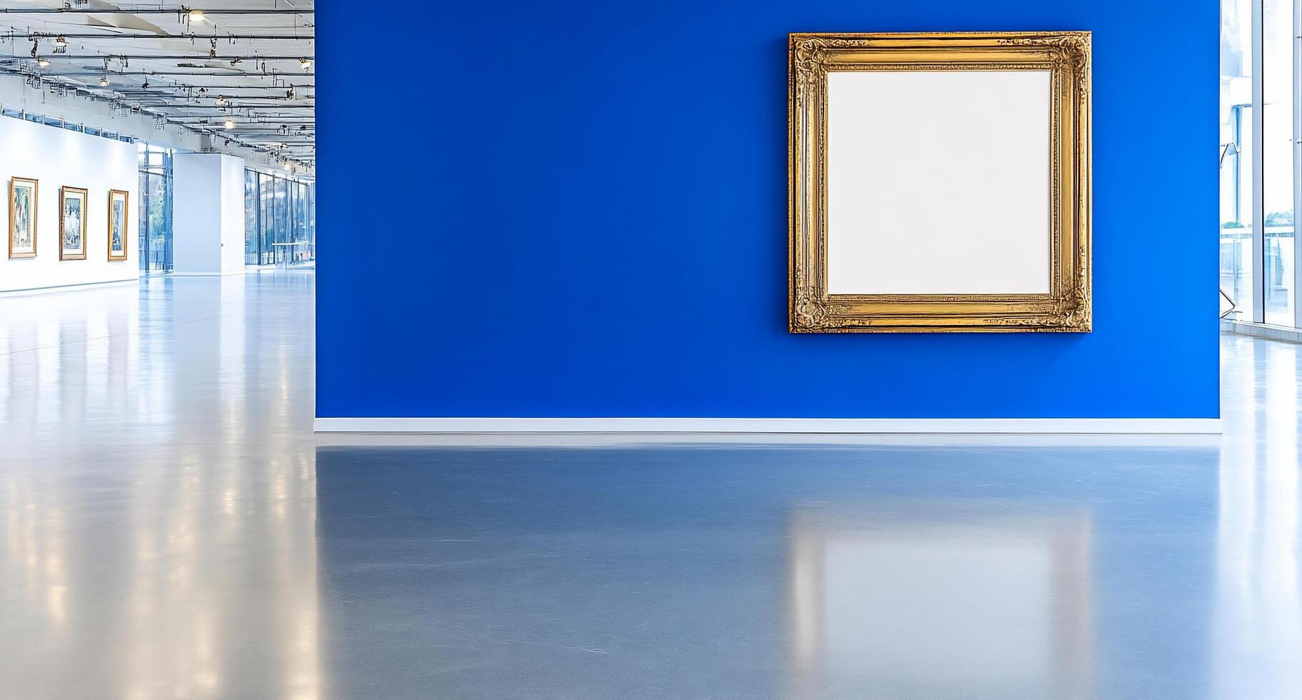 A blank canvas in a gallery with a vibrant blue wall. photo