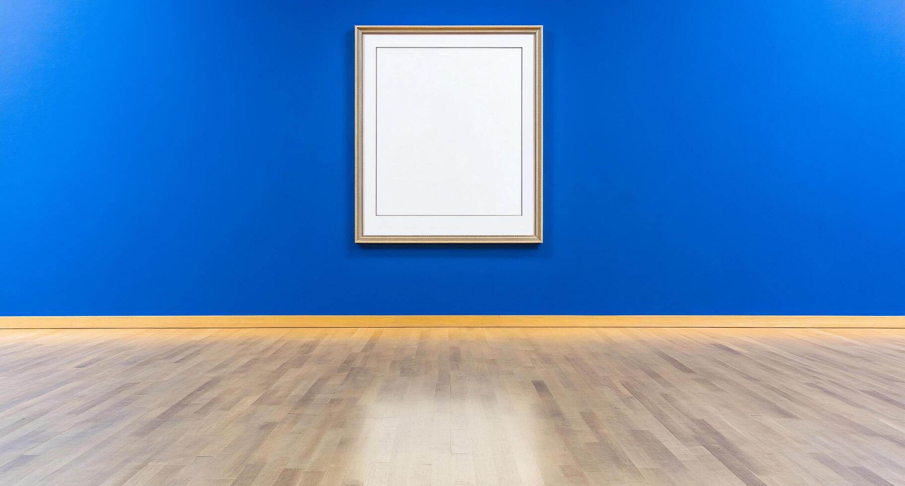 A minimalist art gallery with a blank frame on a blue wall. photo