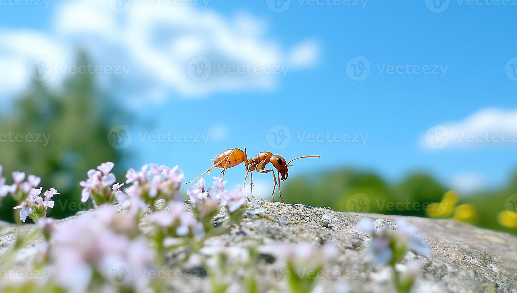An ant is walking on a rock with flowers photo