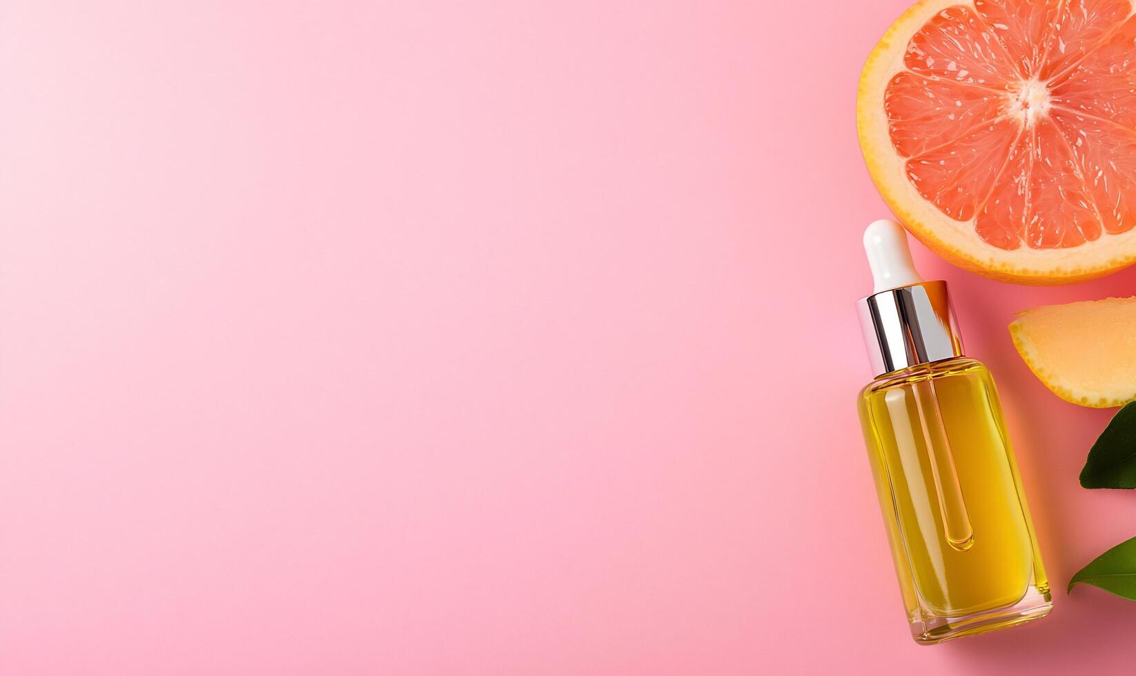 A dropper bottle of oil beside grapefruit slices on a pink background. photo