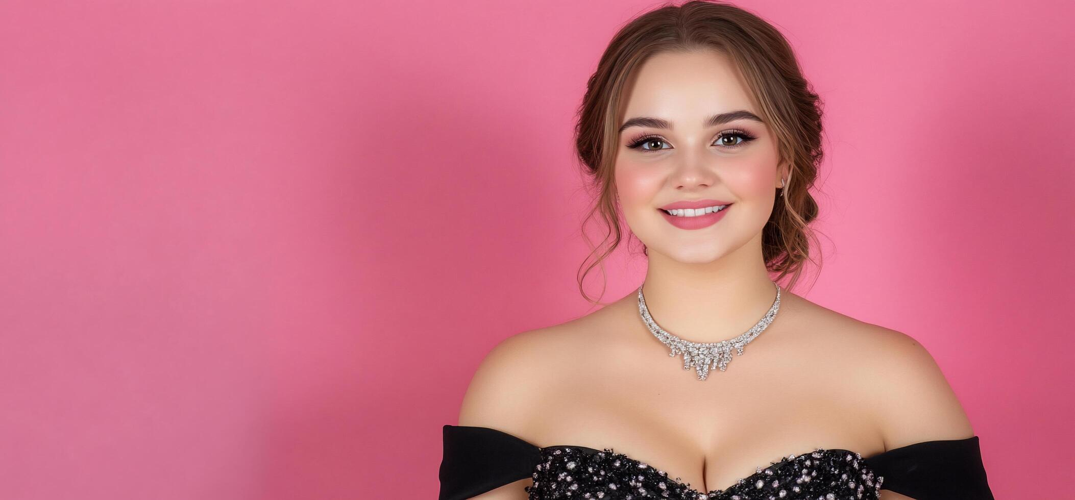 A smiling young woman in an elegant dress against a pink background. photo
