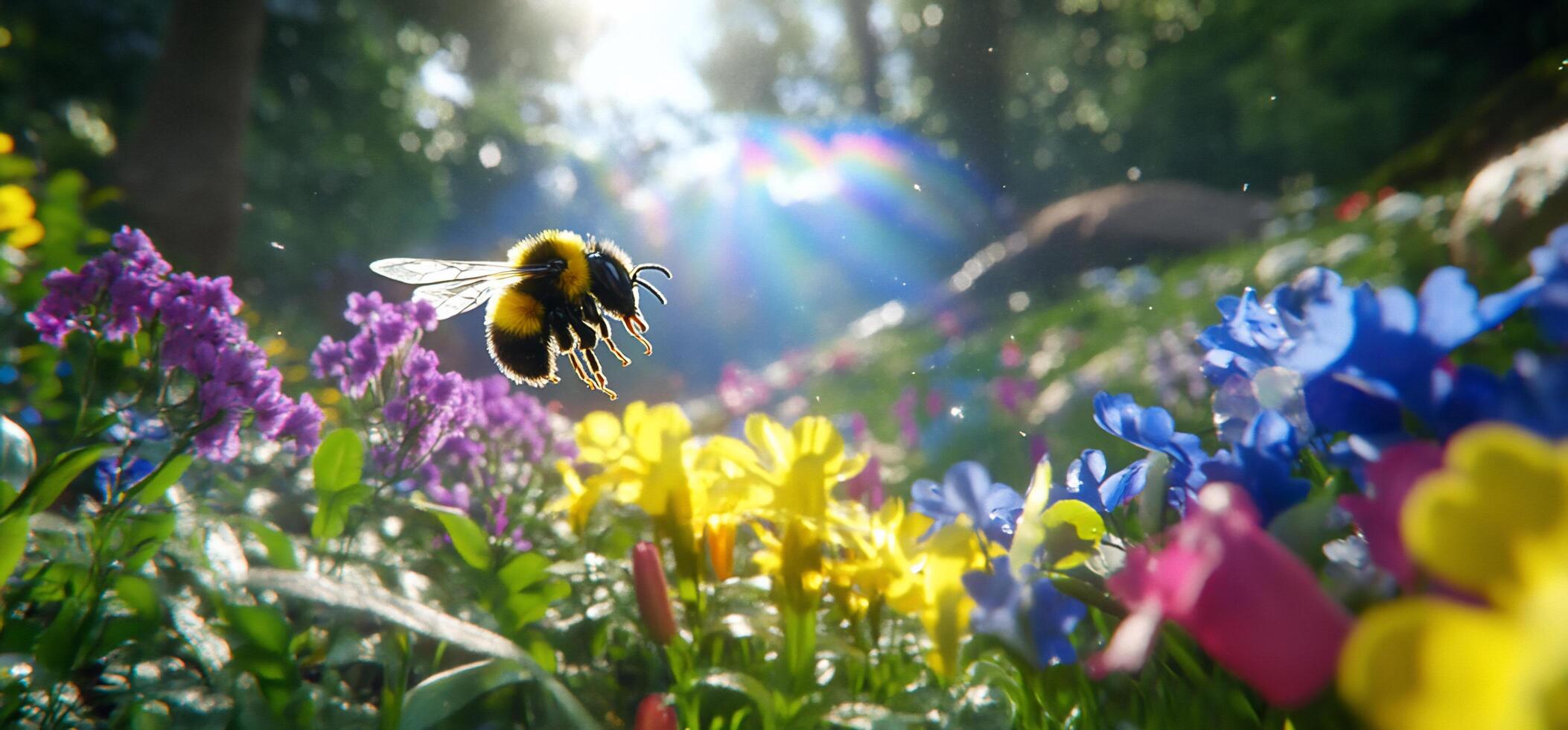 A bee hovering over colorful flowers in a sunlit forest. photo