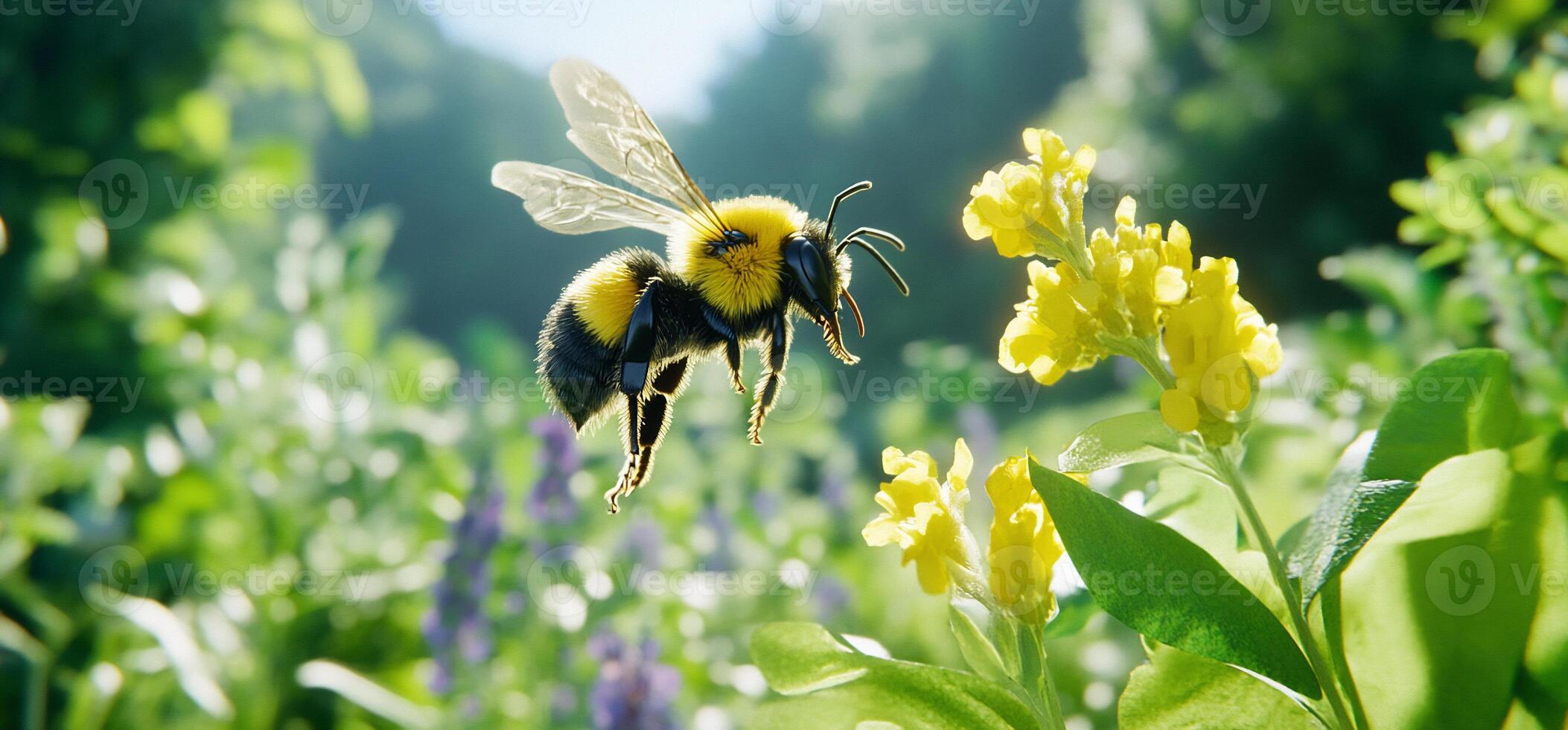 A bee flying over a field of yellow flowers photo