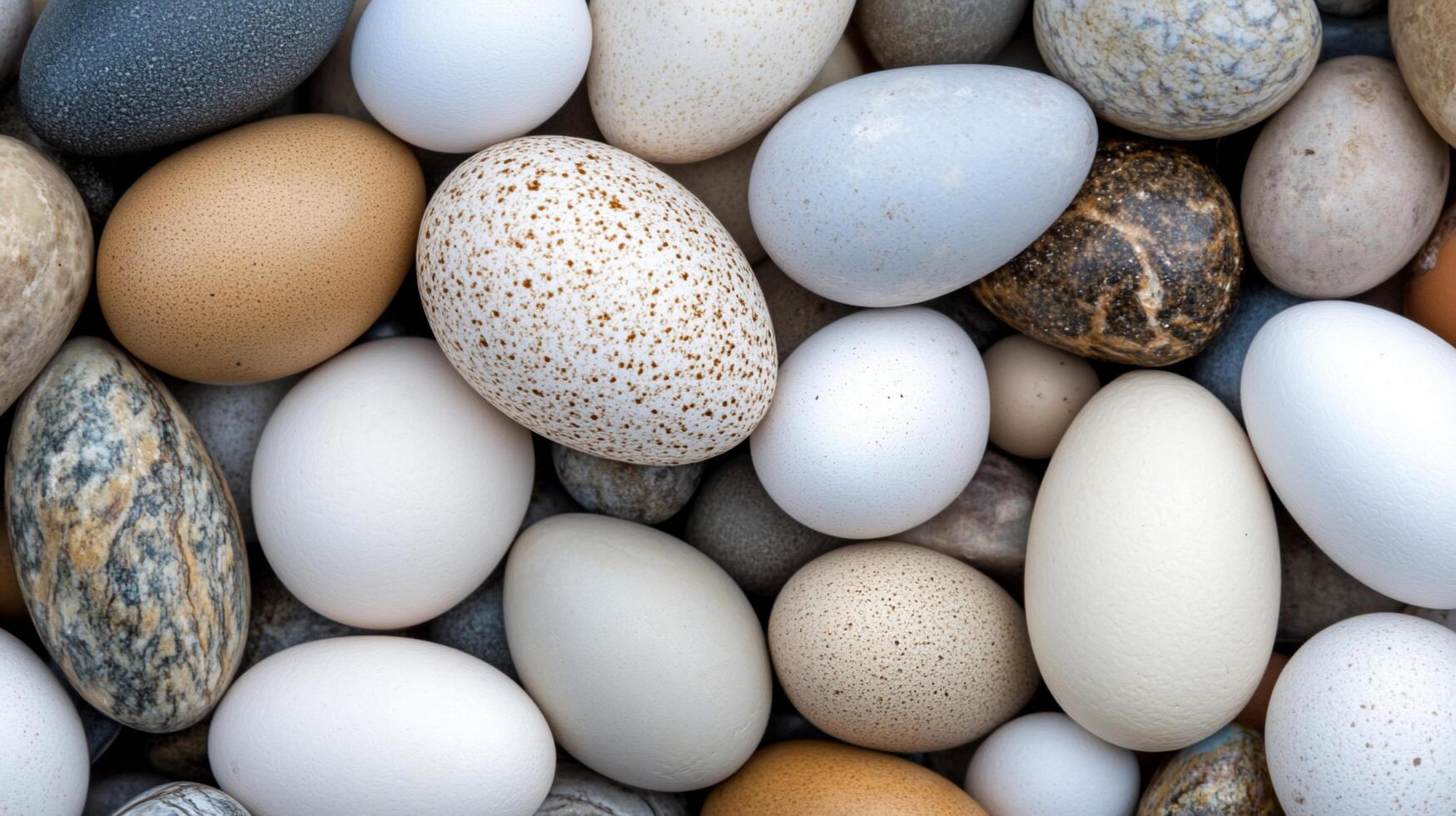 A collection of various eggs and stones arranged together. photo