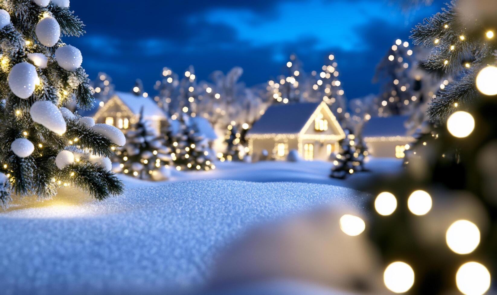 A serene winter landscape with snow-covered trees and cozy homes. photo