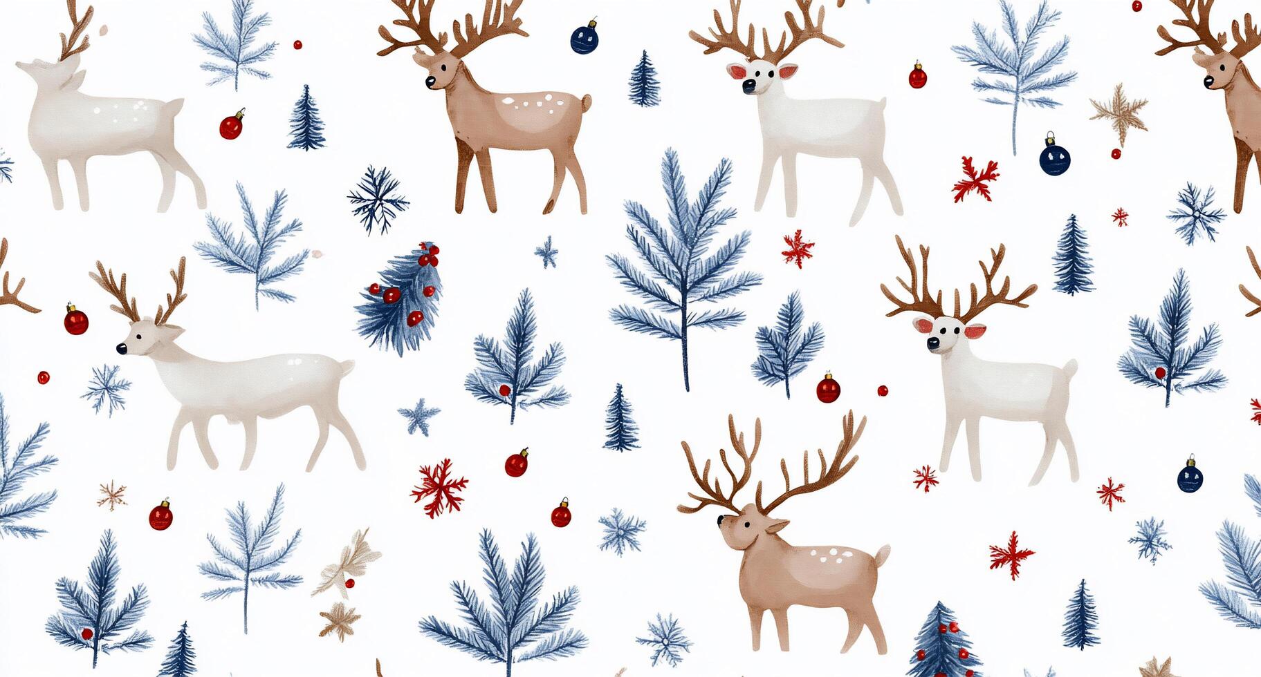 A festive pattern featuring reindeer and winter foliage. photo