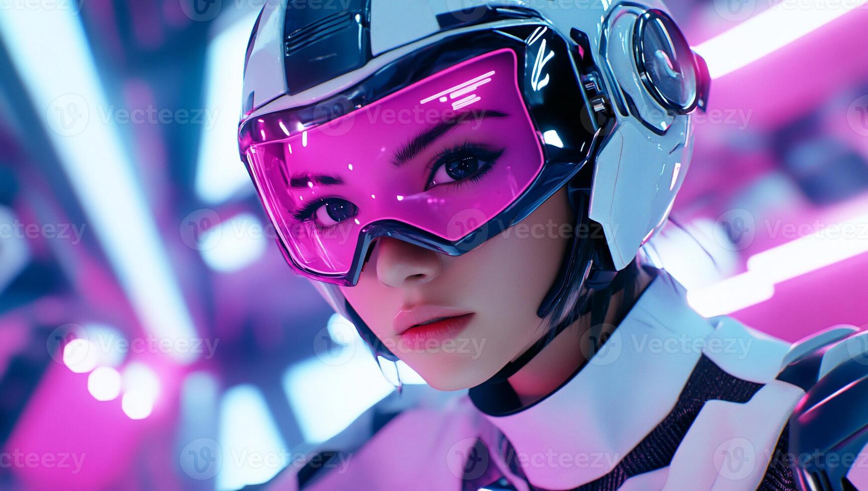 A woman in a futuristic outfit with pink goggles photo