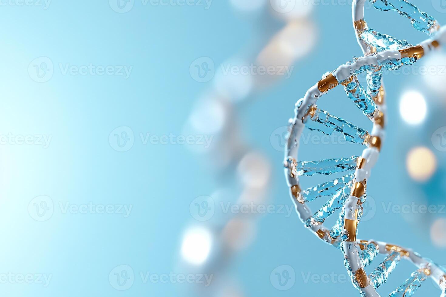 A close-up of a DNA double helix structure against a blue background. photo