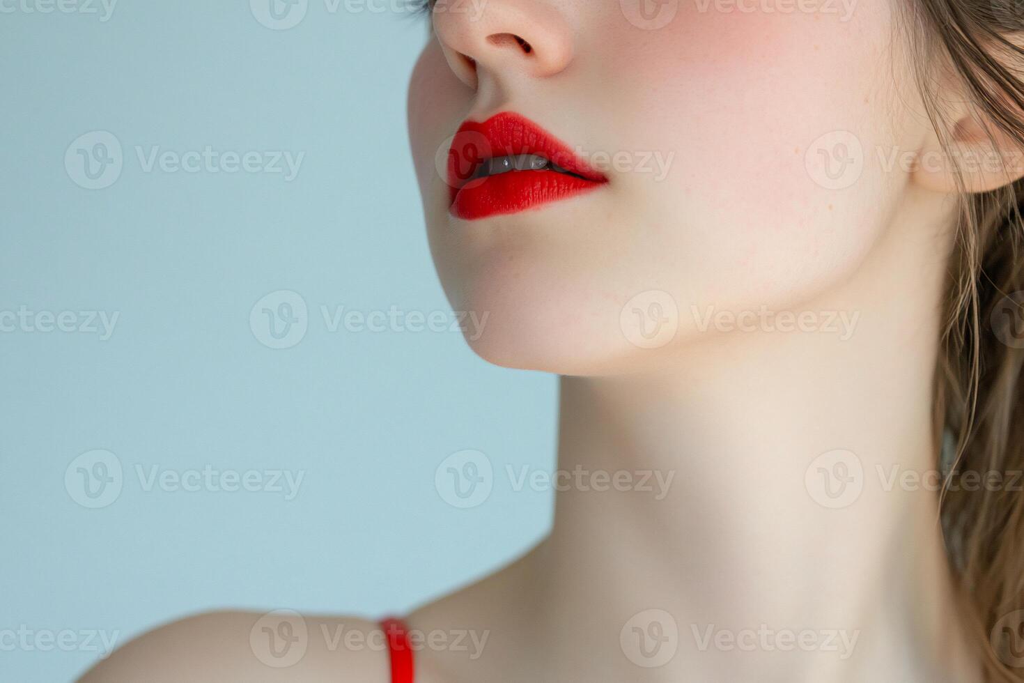 A woman with red lipstick and a red lip photo