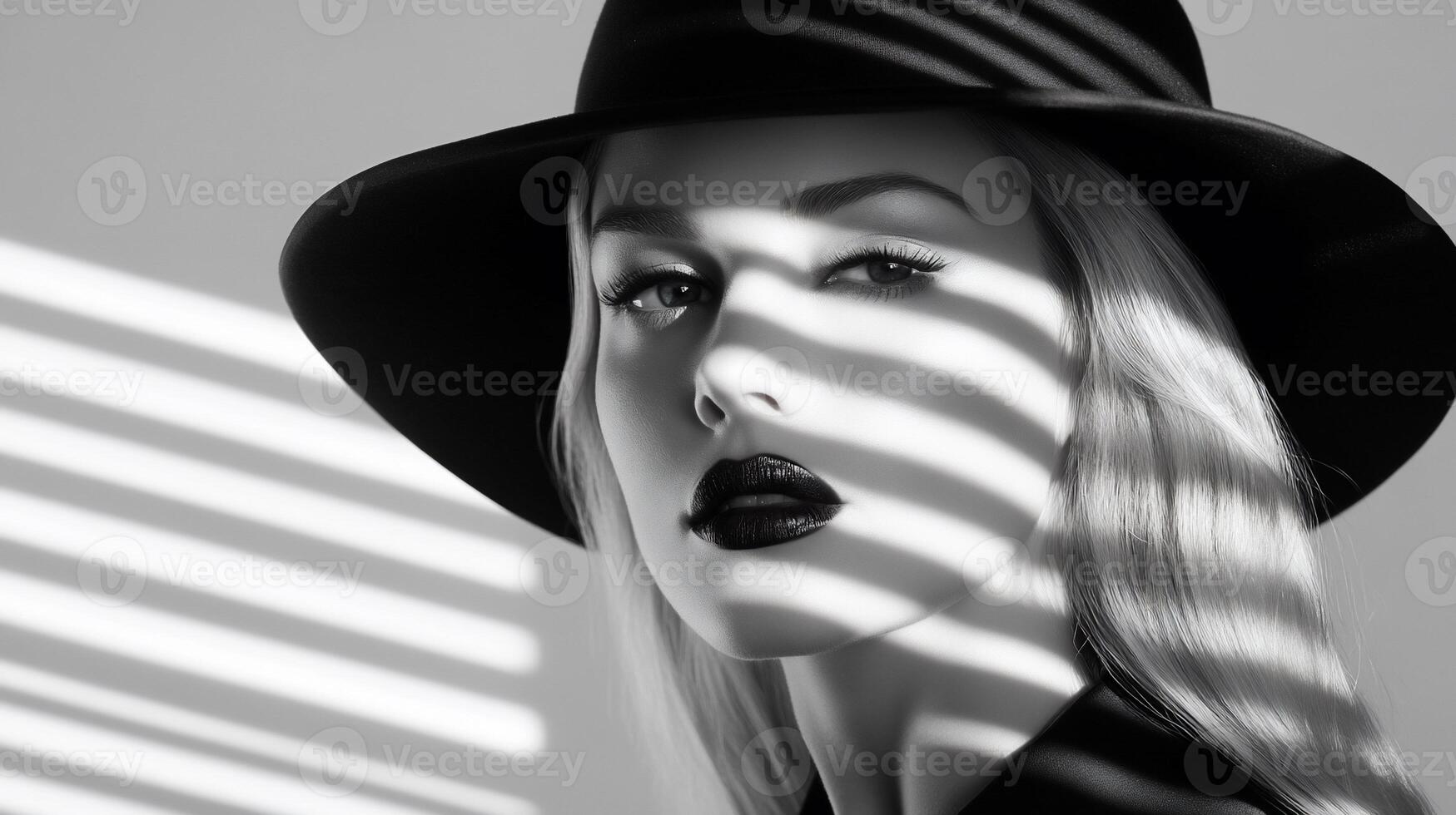 A monochromatic portrait of a woman with dramatic lighting and shadows. photo