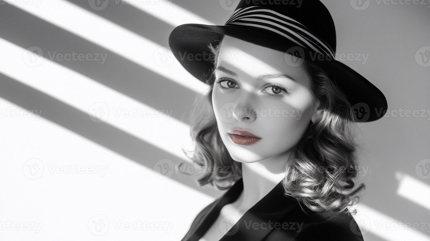 A black-and-white portrait of a woman in a hat with dramatic lighting. photo