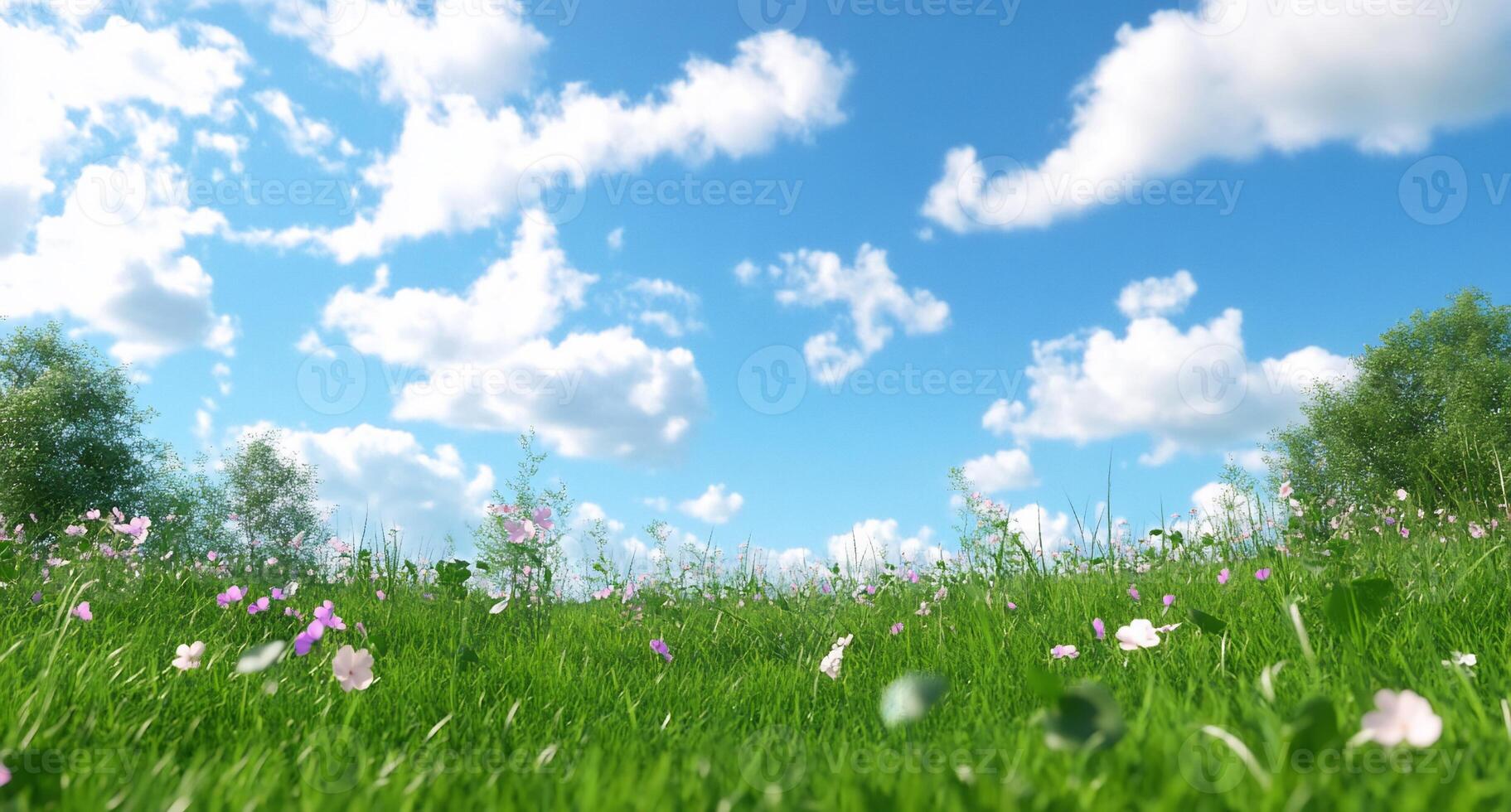 A vibrant meadow under a bright blue sky with fluffy clouds. photo