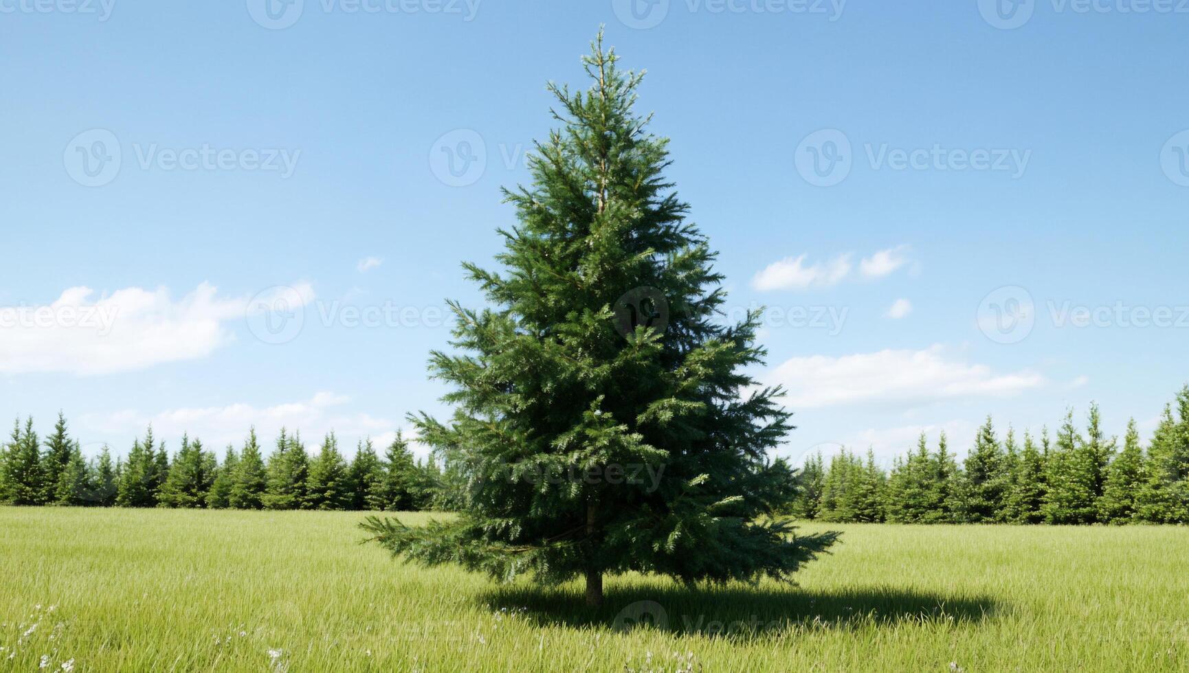 A single pine tree in a field with green grass photo