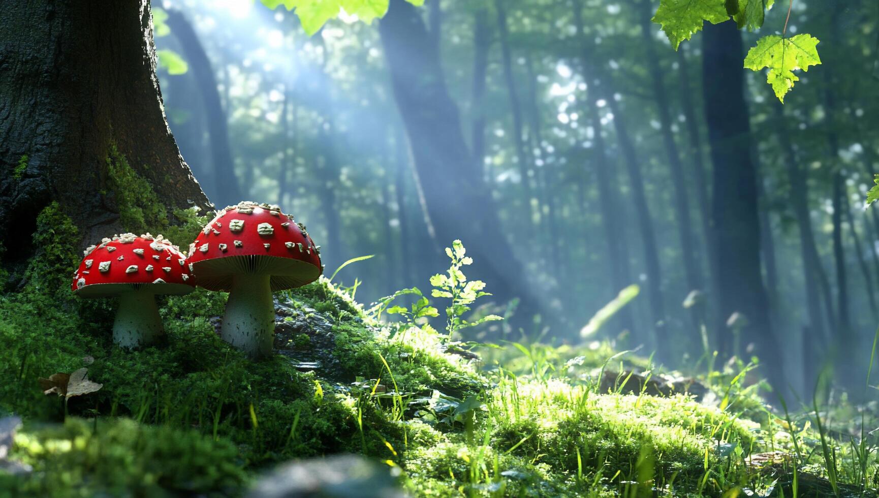 A serene forest scene with red mushrooms amidst lush greenery. photo