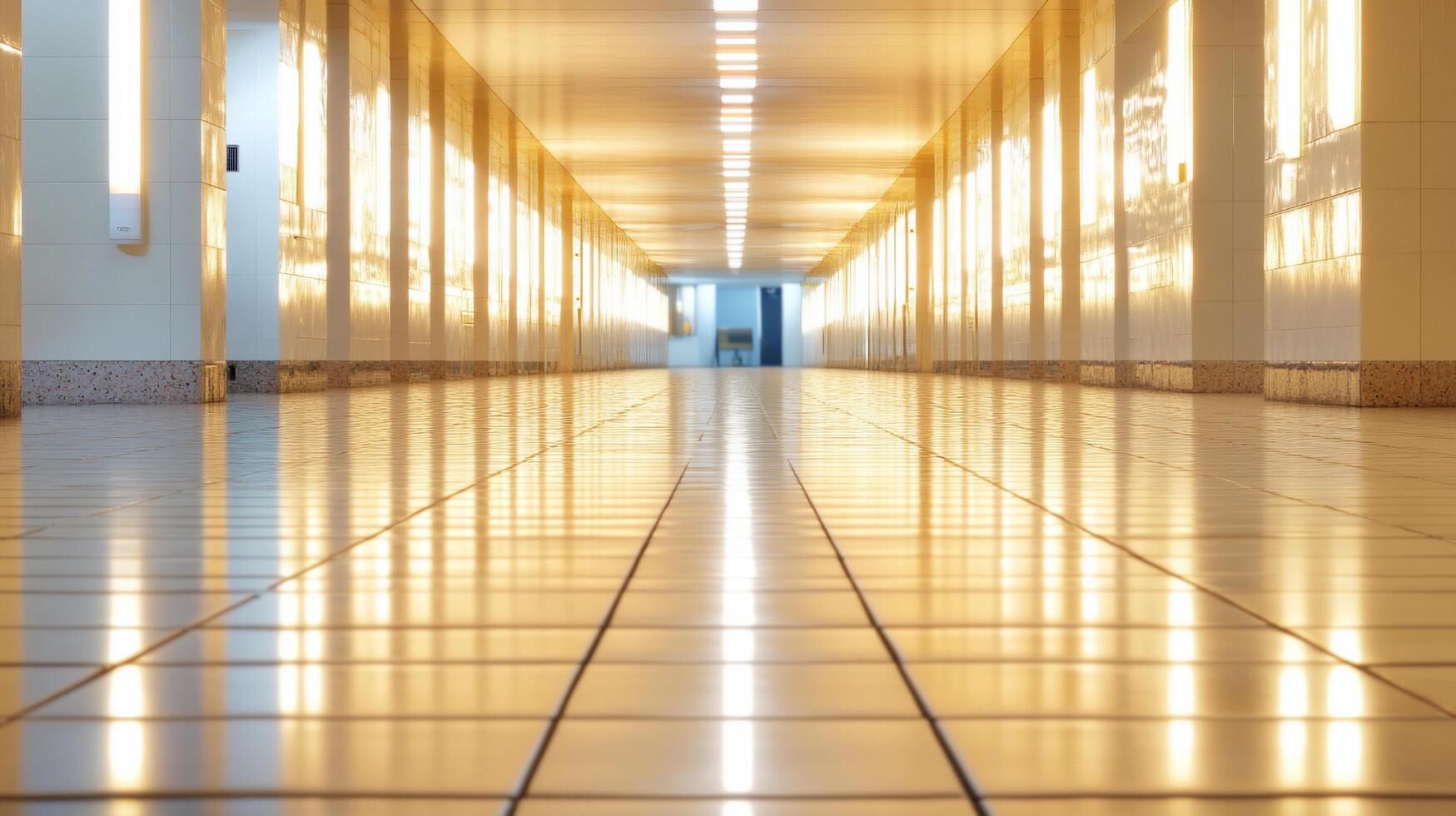A bright, reflective corridor with warm lighting and tiled flooring. photo