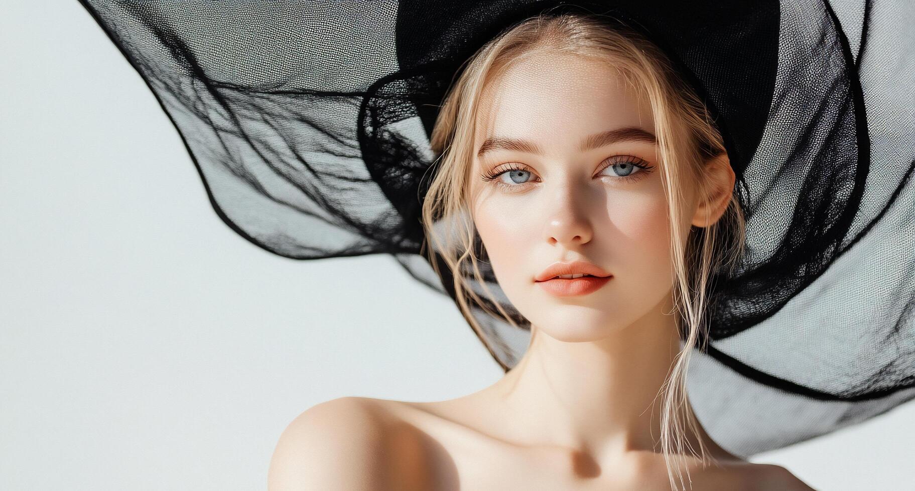 A portrait of a young woman with a large black hat and soft features. photo